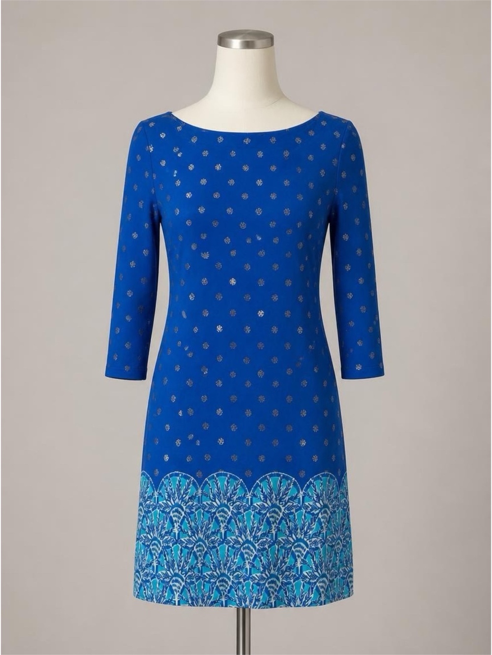 Lilly Pulitzer Blue Cotton Dress with Silver and Turquoise Pattern, Size XS